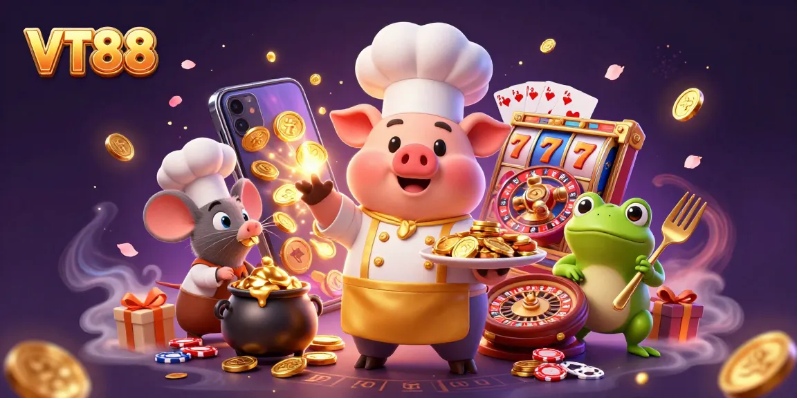 Engage with VT88 in this vibrant casino scene showcasing gourmet gaming elements and rich details.