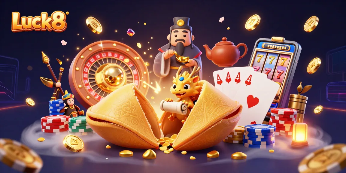 Luck8 reveals fortune through a magical 3D casino scene with a golden cookie and dynamic game elements.