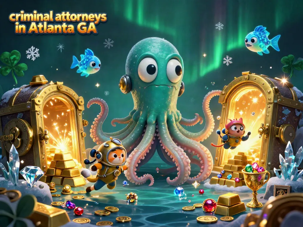 A dynamic scene showcasing criminal attorneys in Atlanta GA surrounded by golden treasures and deep-sea creatures making a bold impact.