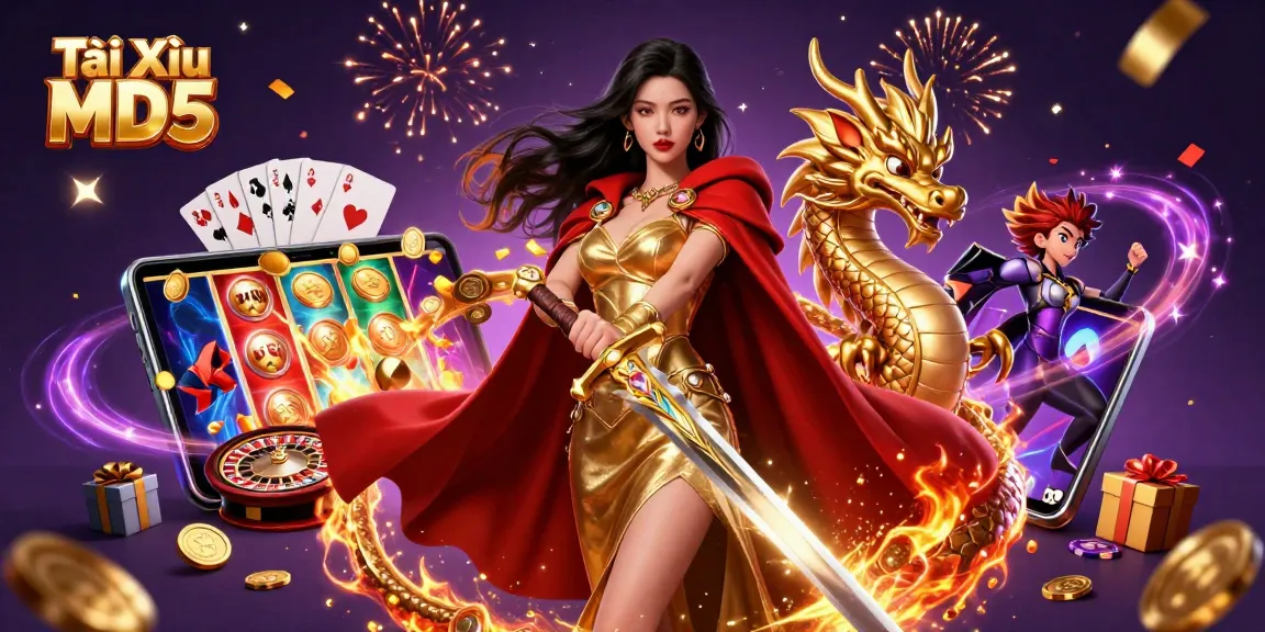 Tài Xỉu MD5 immersive gaming experience with an elegant warrior queen and rich casino elements.