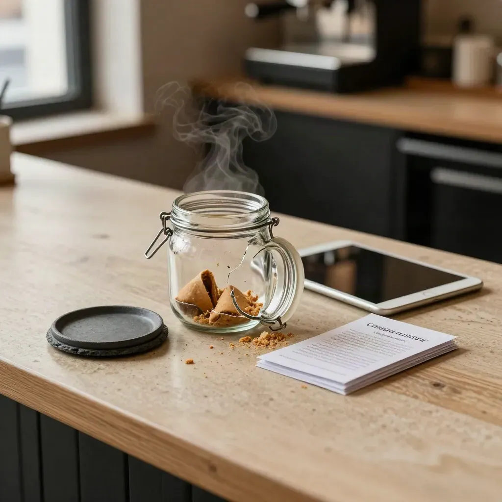 Cracked biscuit jar with dish, tablet and consent card holder on a cafe counter