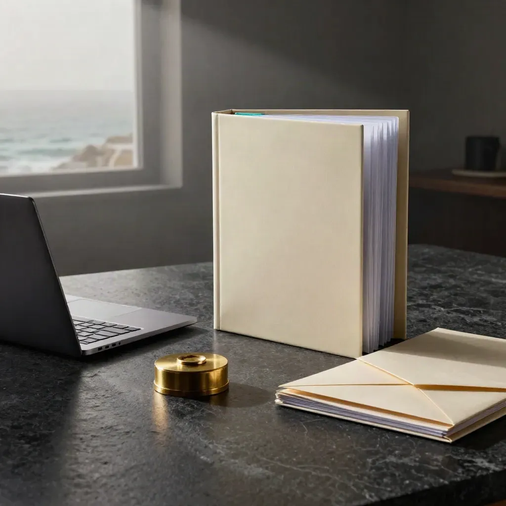 Cream legal binder, laptop, envelopes and folders on a dark stone table in moody dawn light.