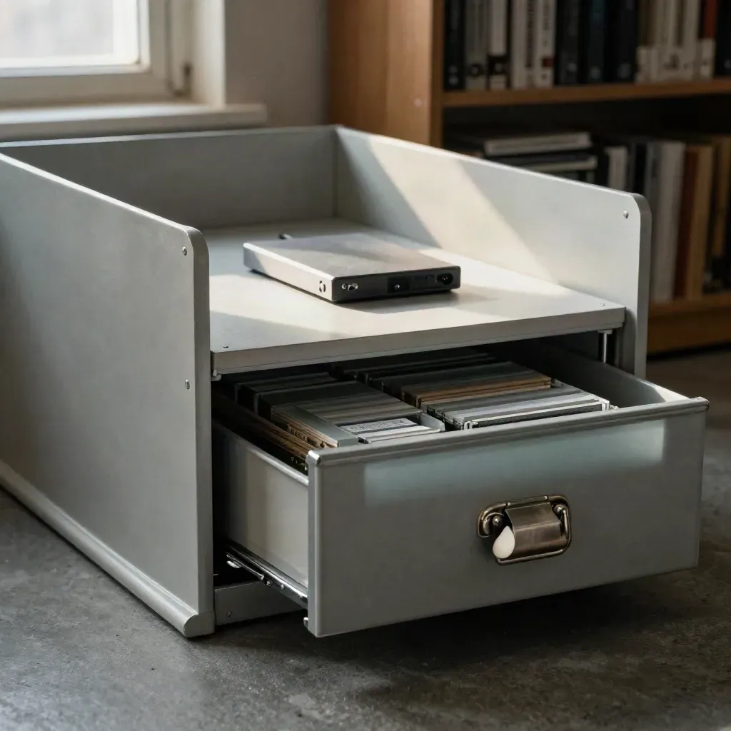 Open steel archive drawer with frosted sleeves and a backup drive puck in a quiet studio corner