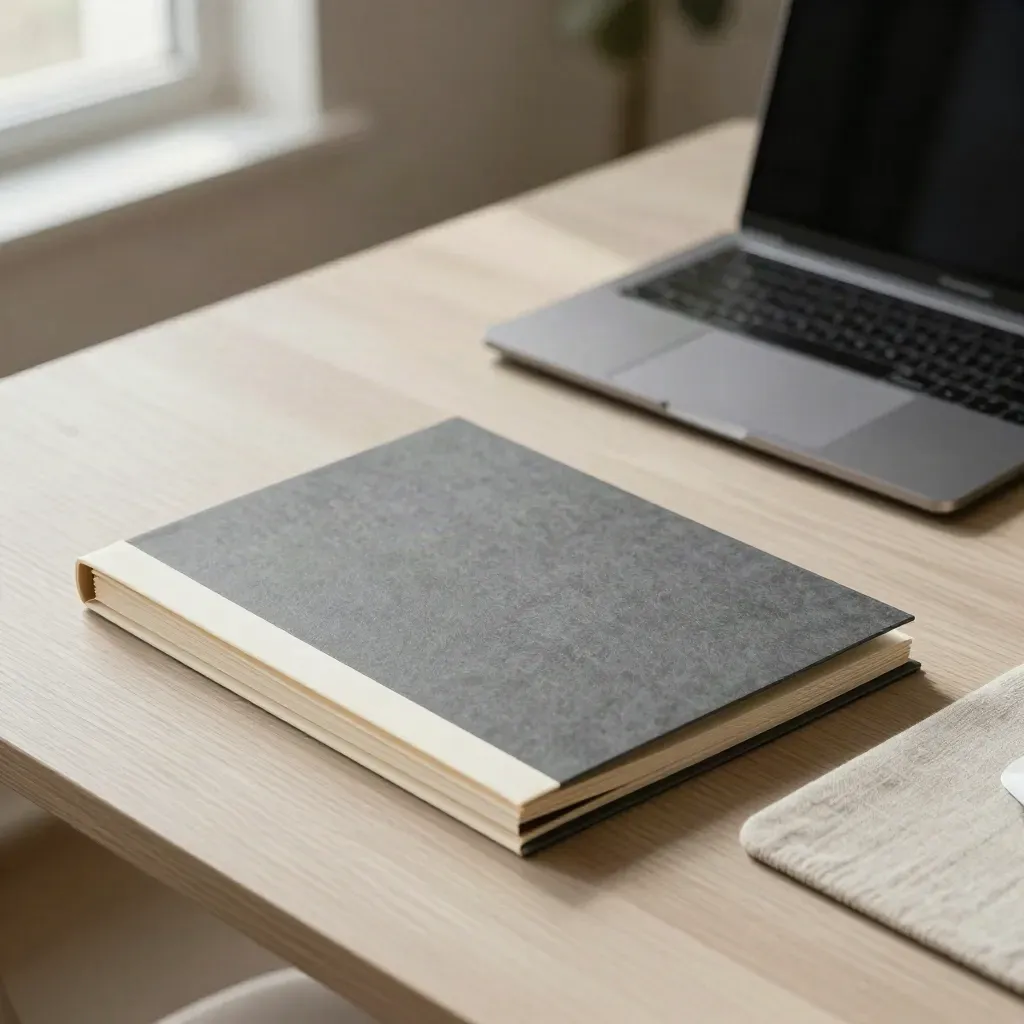 Closed laptop and compact legal pack on pale wood with cream sleeves and slate folder, warm window light.