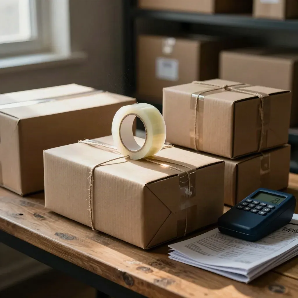 Packing table with returns, parcels, tape, and a closed card terminal in warm window light.
