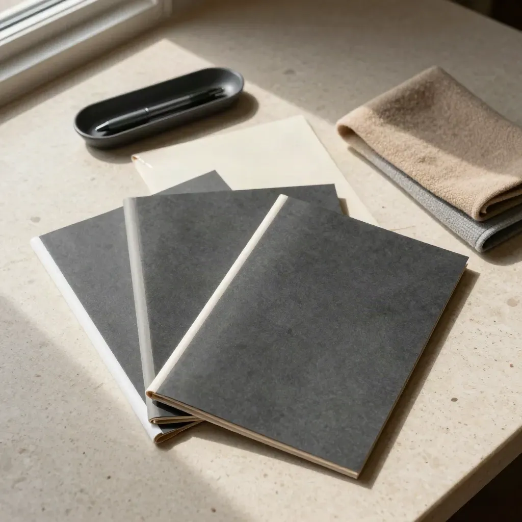 Overhead of contract folios, project sleeves, tray, and wool cloth on travertine.