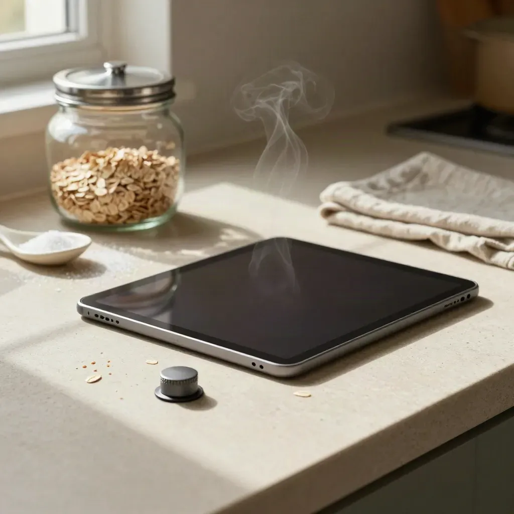 Biscuit jar, tablet, consent knob, and spoon rest on a stone kitchen counter with tea steam.