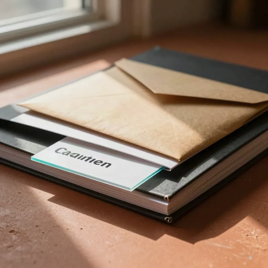 Disclaimer folders with a folded caution card, sealed envelope and divider sheet on terracotta.