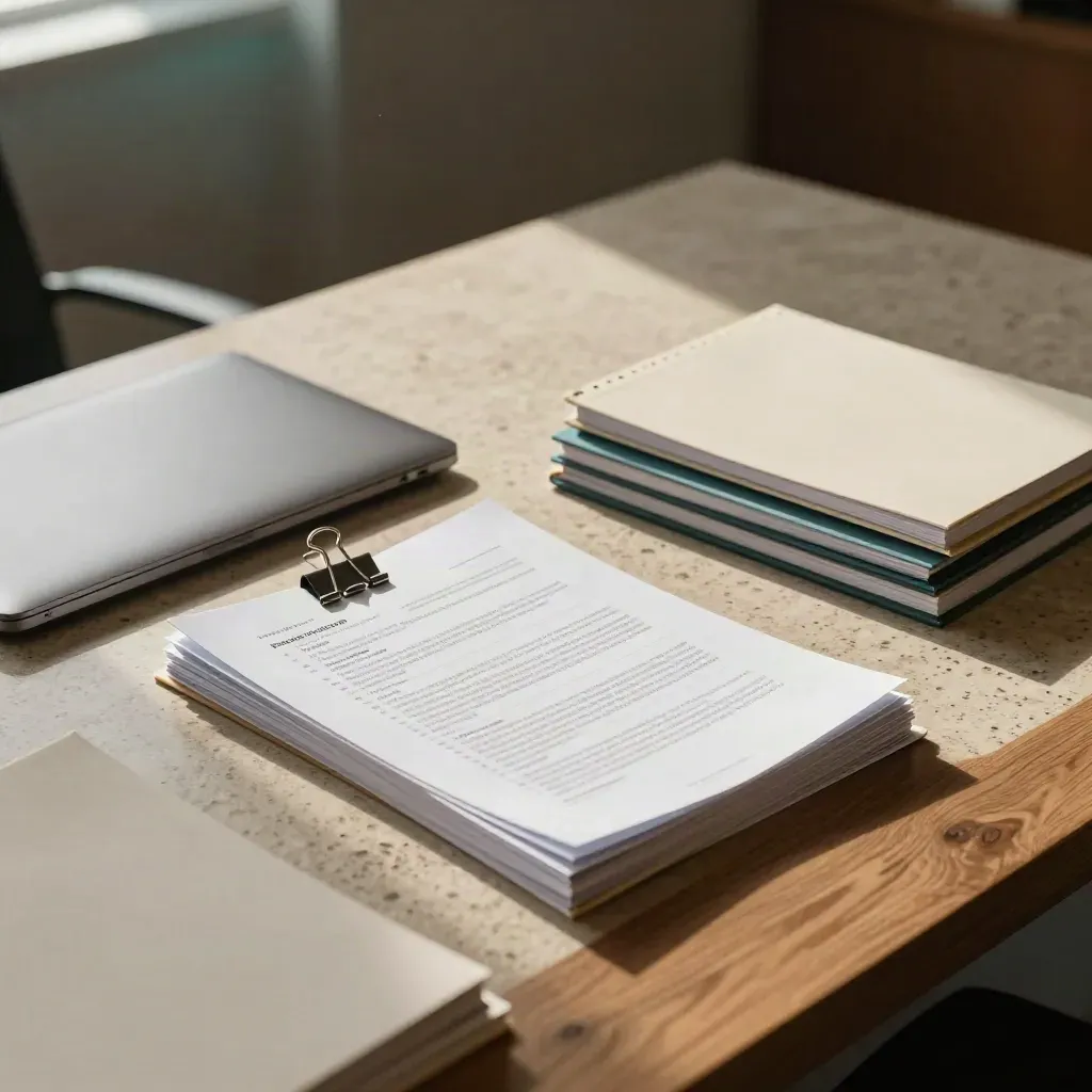 Travertine desk with a closed laptop, page bundles, clips and folders in a compliance review workspace.