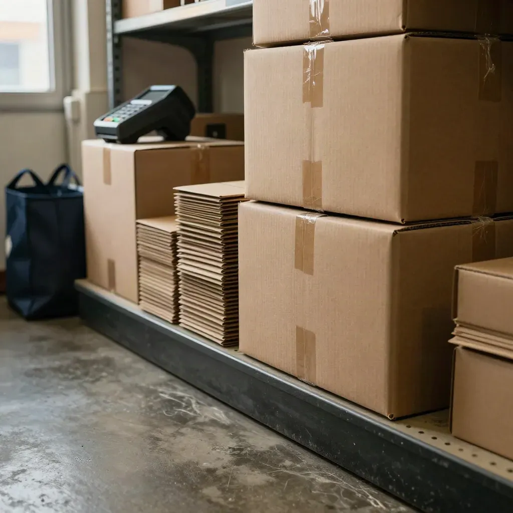 Shipping cartons, returns shelf, terminal and parcel tote in a back-room stock scene.