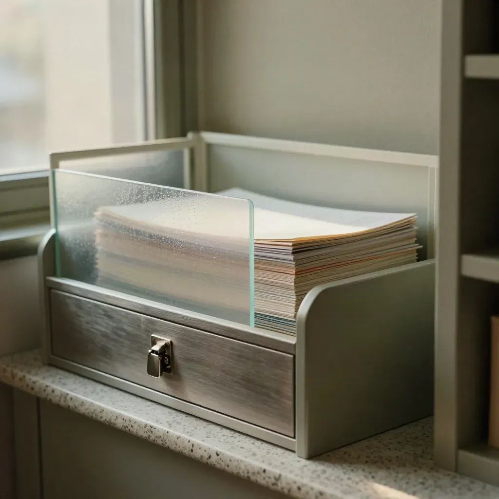 Privacy compliance workspace with frosted glass, locked drawer, sleeves and divider screen.