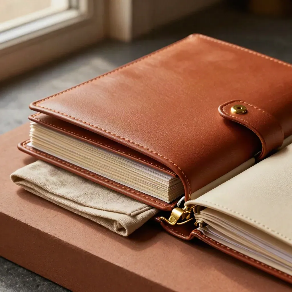 Legal template binder, project sleeves, brass fastener, and linen cloth on a clay plinth.