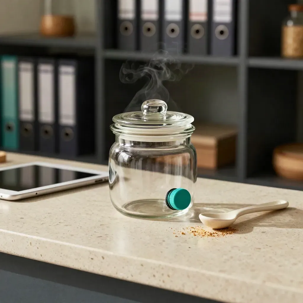 Cookie jar, consent dial, tablet and spoon rest on a travertine counter with drifting crumbs