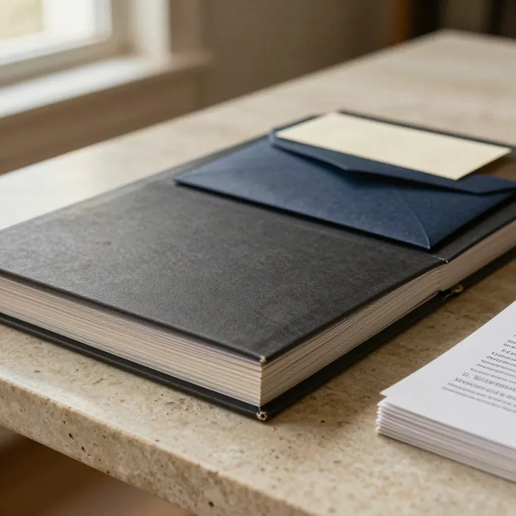 Stone desk with disclaimer pages, navy folder, caution envelope, and folded note card in warm window light.