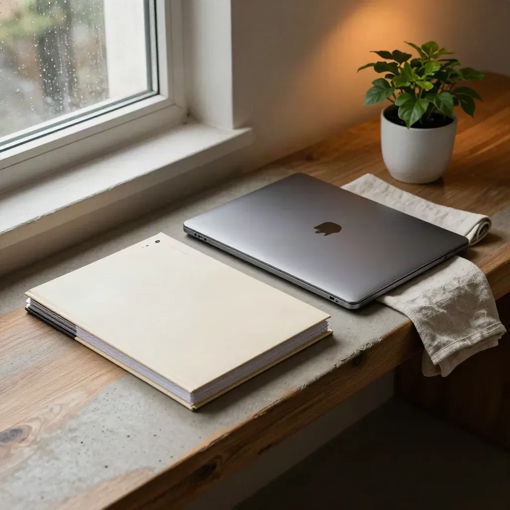 Startup legal pack on a bench with laptop, folders, linen cloth and small plant by a window.
