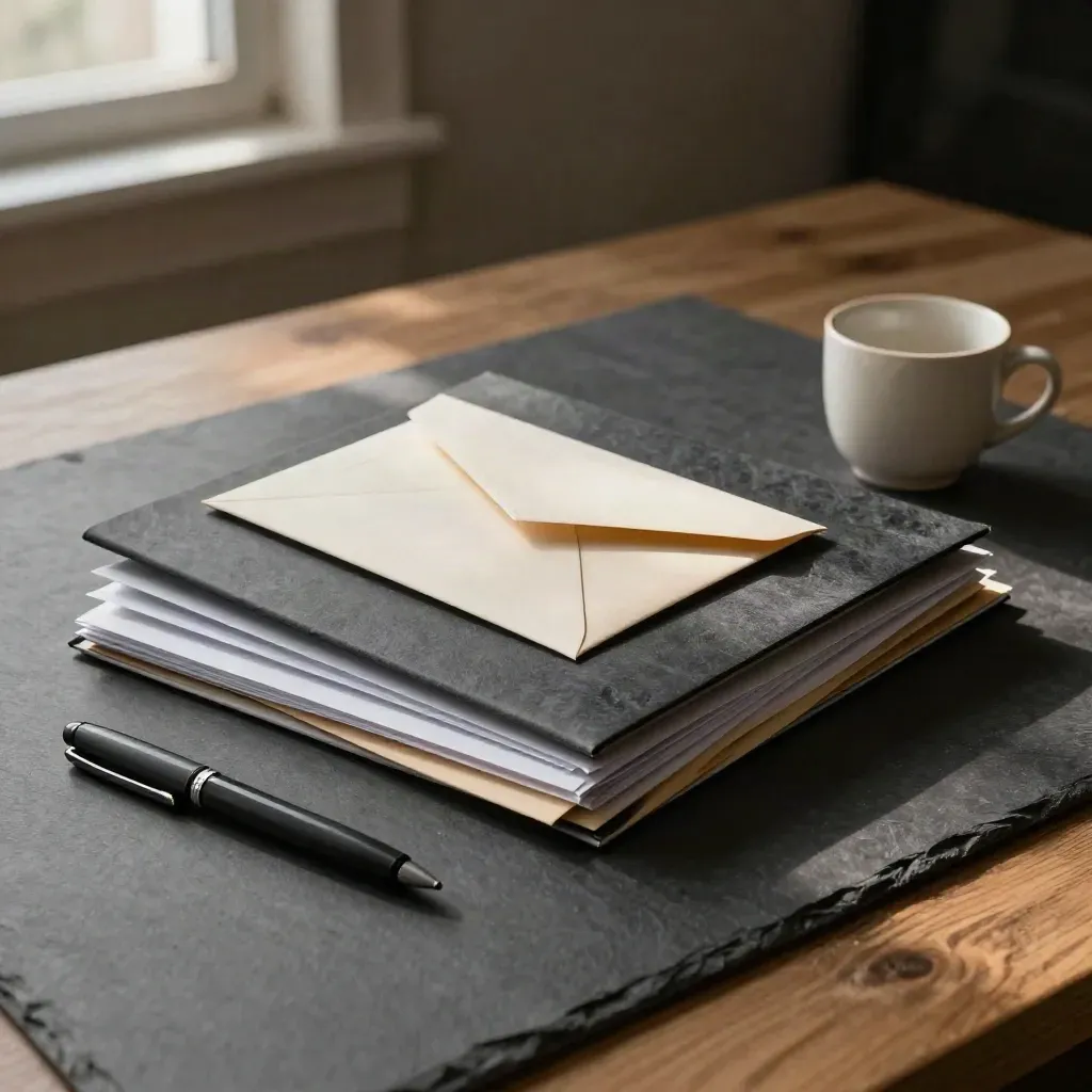 Freelancer pack with folders, invoice envelopes, pen tray, and ceramic cup on a dark studio table.