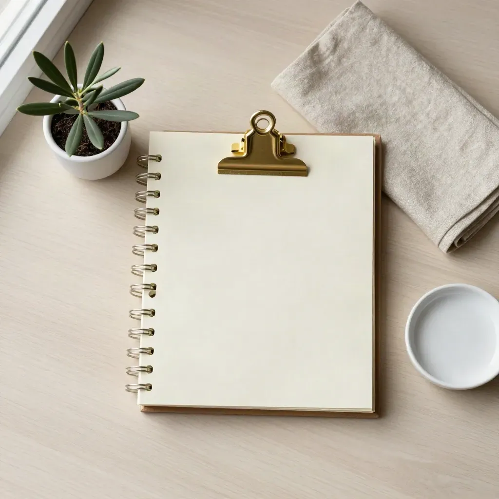 Cream binder with brass clip, olive plant, linen cloth and ceramic dish on pale wood
