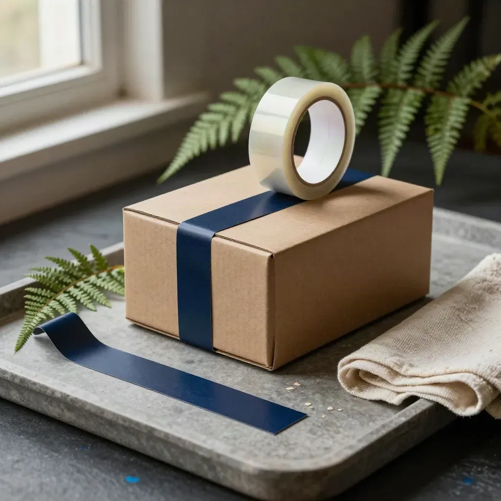 Stone tray with parcel tape roll, shipping box, seal strip and fern.