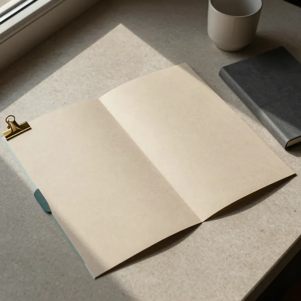 Overhead flat lay of a project folder, brass clip, closed notebook and ceramic cup on stone.