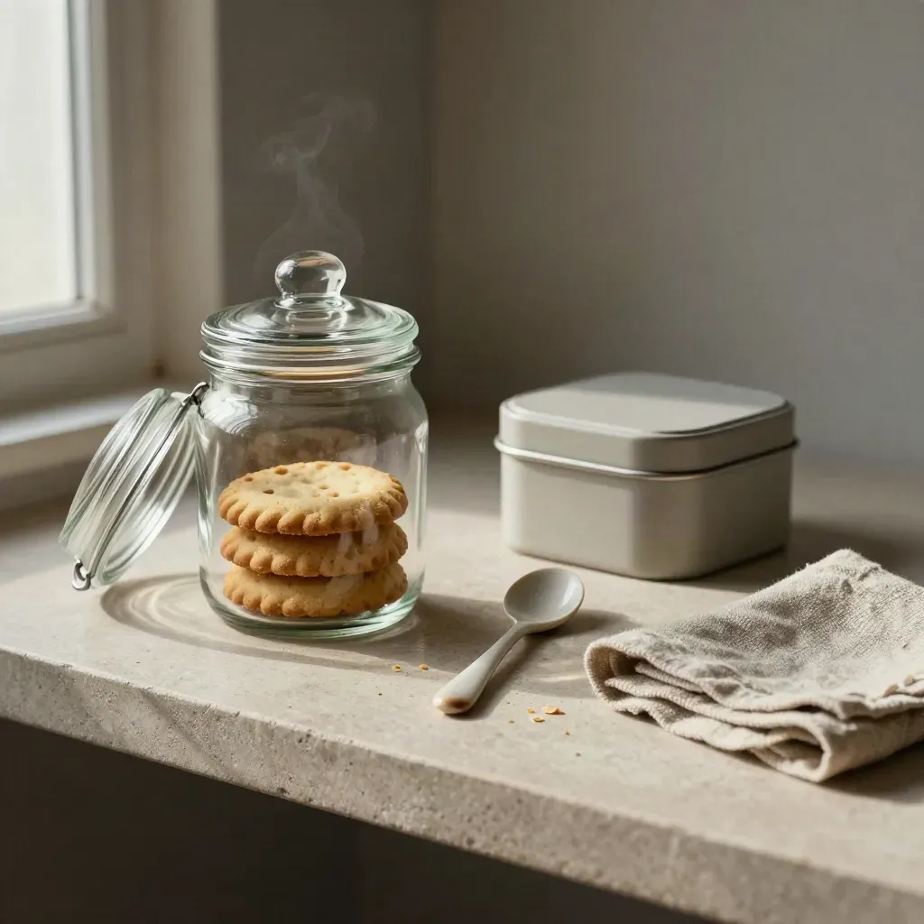 Glass cookie jar with shortbread tin, spoon, and linen on a stone shelf.