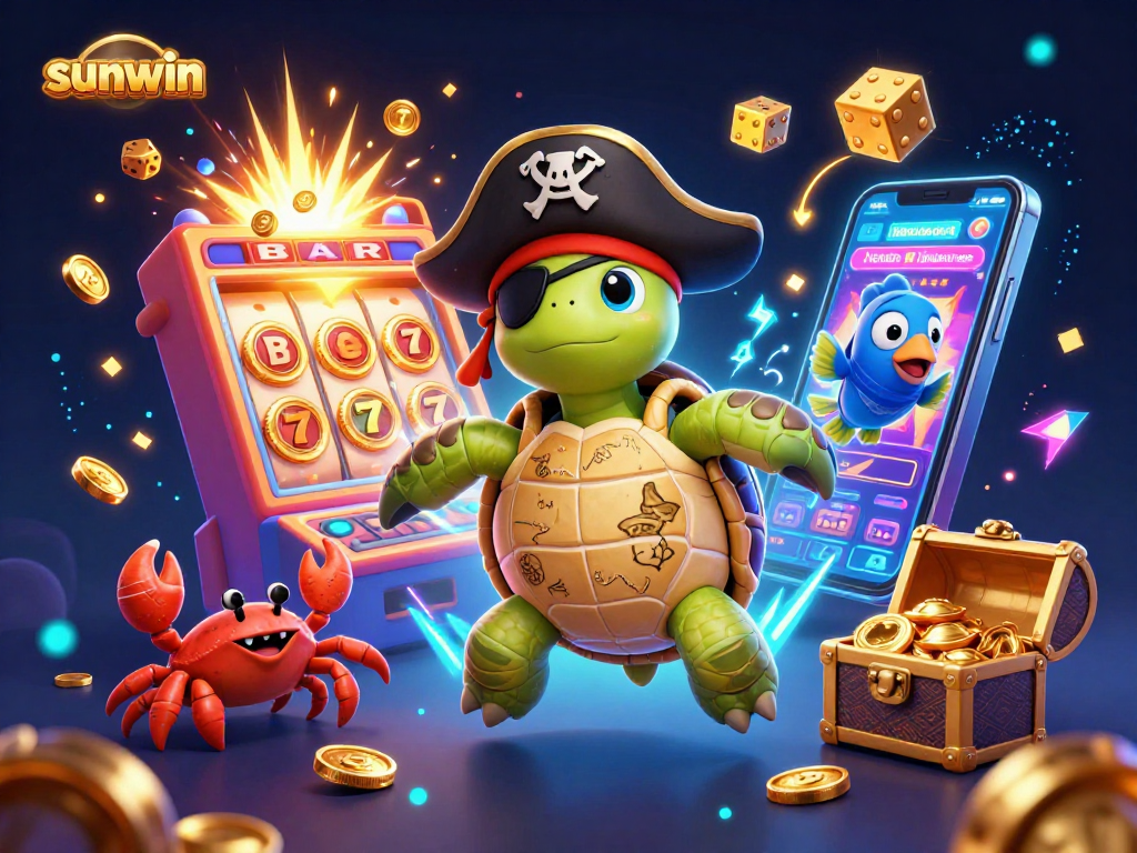 Experience the thrill of sunwin with a pirate turtle, hermit crab, and parrotfish among dazzling casino treasures.
