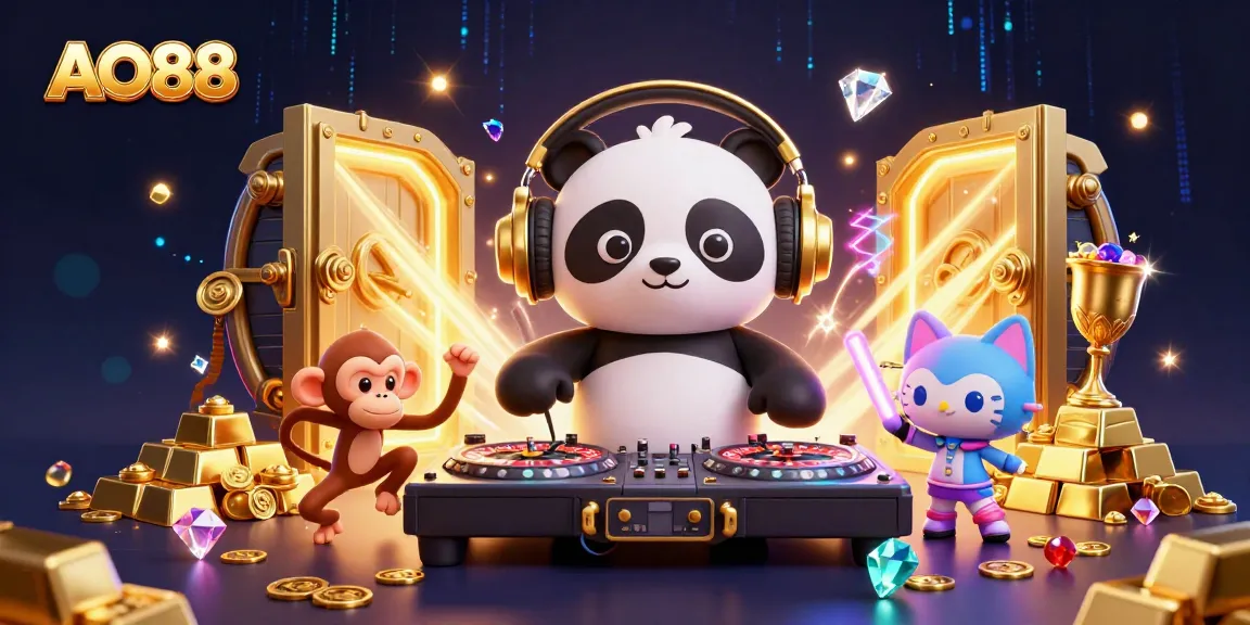 Engage with thrilling gaming action at AO88 featuring a DJ panda and gold treasures in a vibrant casino scene.