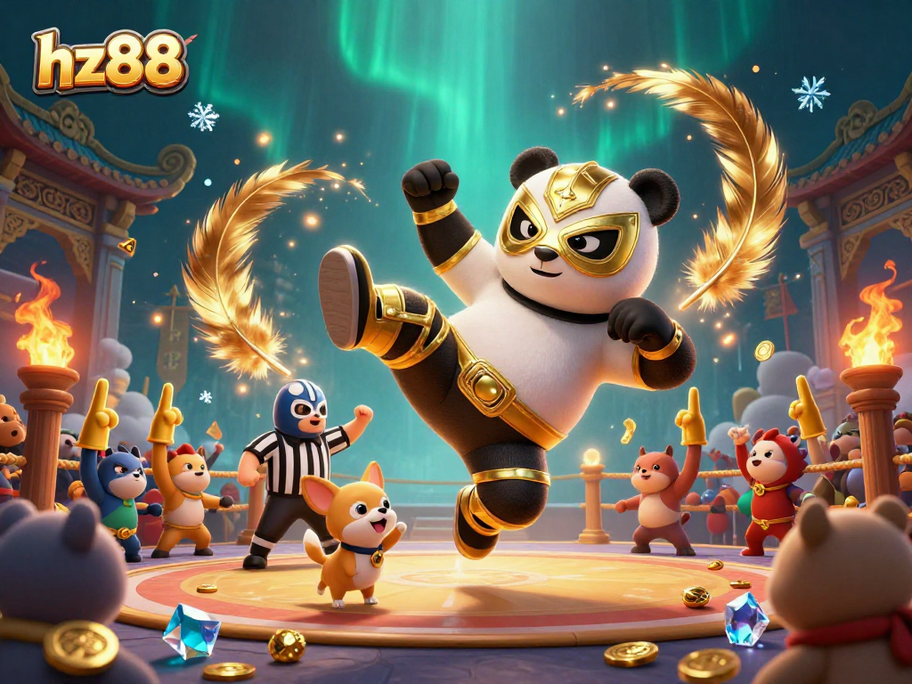 Experience thrilling action at hz88 where a panda wrestler performs in an animated casino setting.