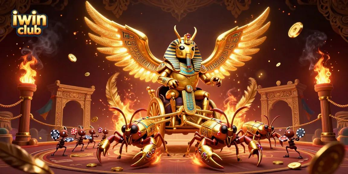 The engaging iwin club scene depicts epic gambling action with a scarab beetle and vibrant casino elements.