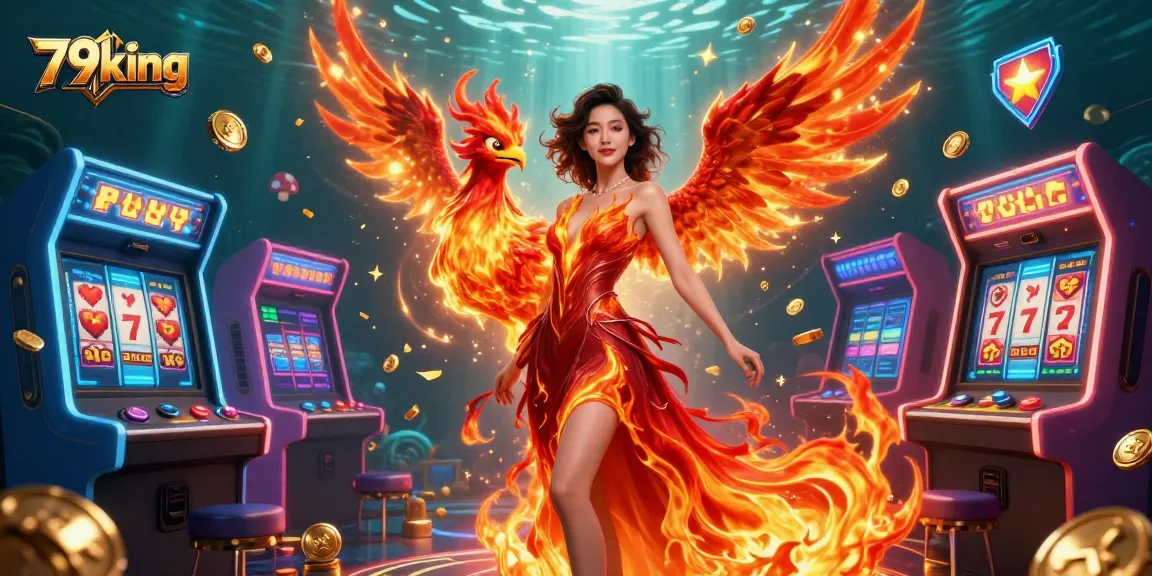 Engage with 79king through vibrant slots and games, featuring a phoenix and a stunning Asian woman.
