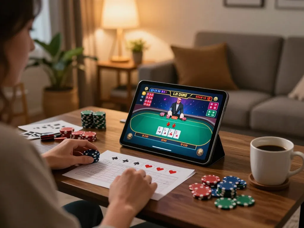 Bet88 player engaging in online casino poker on tablet in cozy home setting.