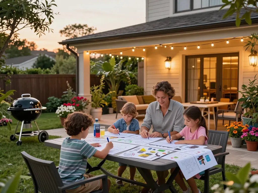 Veranda configurator scene showing a family enjoying a customizable veranda in a vibrant outdoor setting with design brochures.