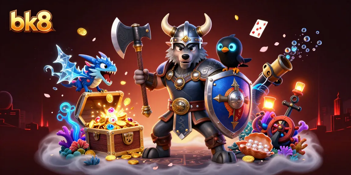 Engage with bk8's vibrant online gaming world featuring a Viking wolf warrior, dragon, and treasure scattered among glowing gems.