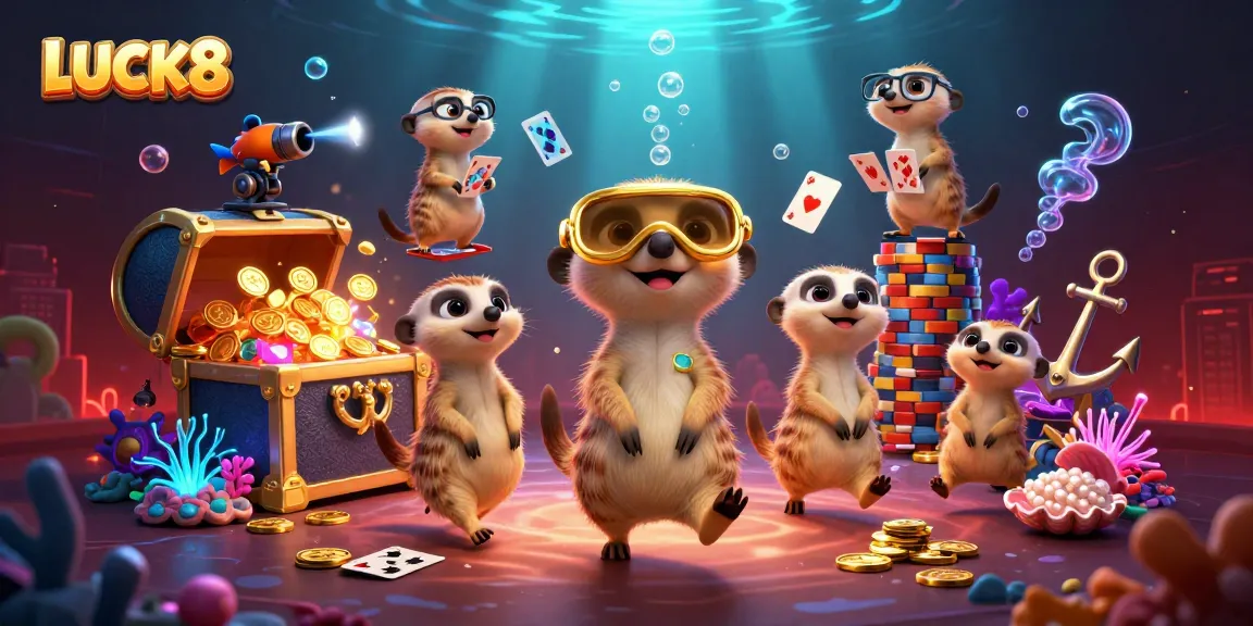 Experience the thrilling LUCK8 casino environment with meerkats managing the operation and vibrant gaming elements.