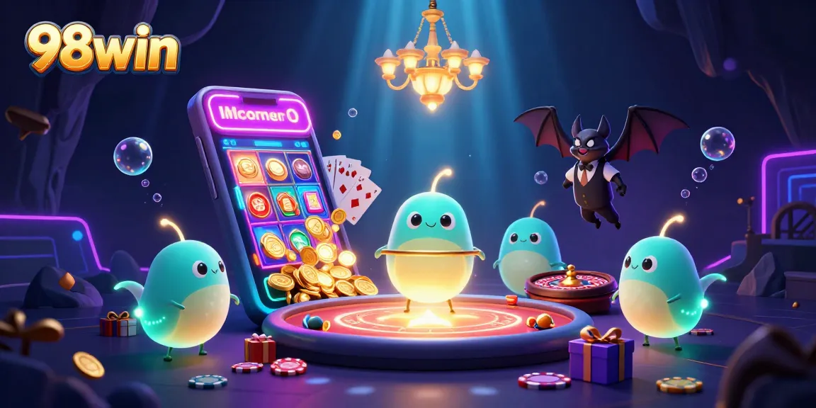 Experience gaming excitement with 98win's vibrant casino atmosphere featuring lively characters and dynamic games.