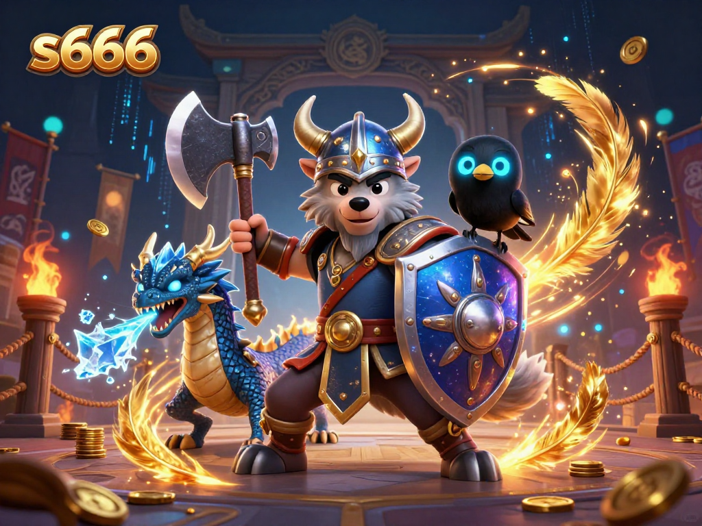 Experience thrilling action with s666: A Viking wolf warrior and dragon in a dynamic casino arena.