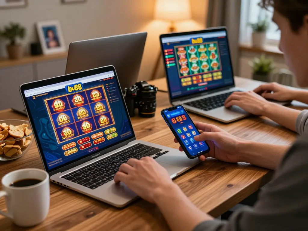 Engaging with bu88 online gaming setup featuring laptop and smartphone in cozy home