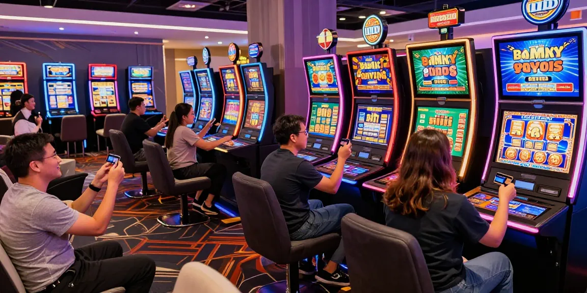 Exciting gaming atmosphere at a credit card casino with diverse players enjoying games and vibrant slot machines.