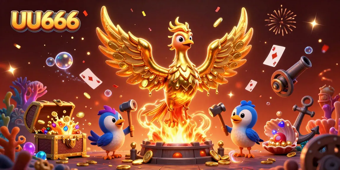Unleash your potential at UU666 with a dynamic 3D illustration of a golden phoenix amidst vibrant casino elements.