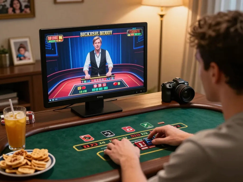 Engaging online player enjoying vin777 live casino game with warm lighting and personal touches.