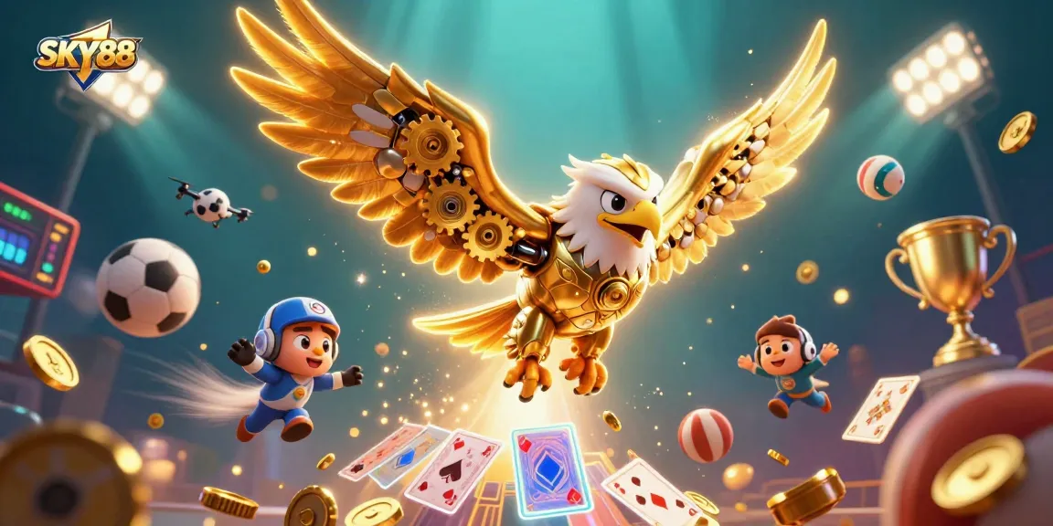 Experience thrilling gaming action at SKY88 with a vibrant 3D illustration of casino excitement.
