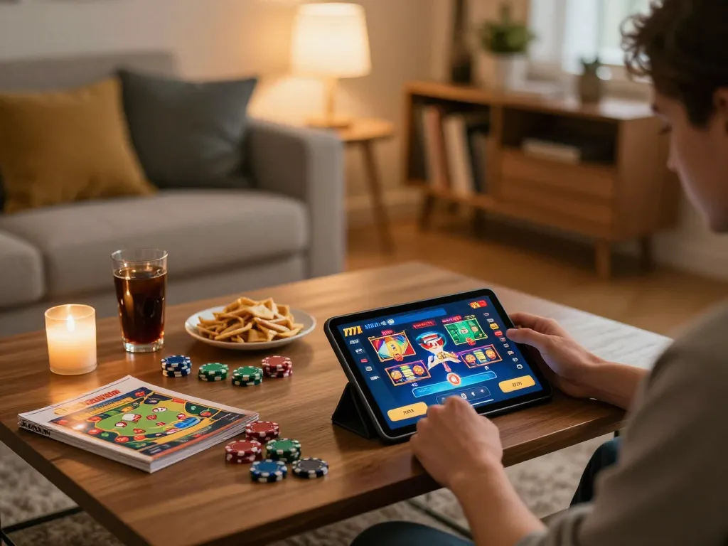 Engaged player using the 777x app for online gaming on a cozy home setup