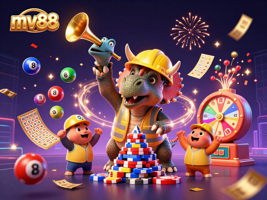 Join the fun at mv88 with a lively 3D illustration capturing a triceratops building poker chip pyramids in a vibrant casino atmosphere.