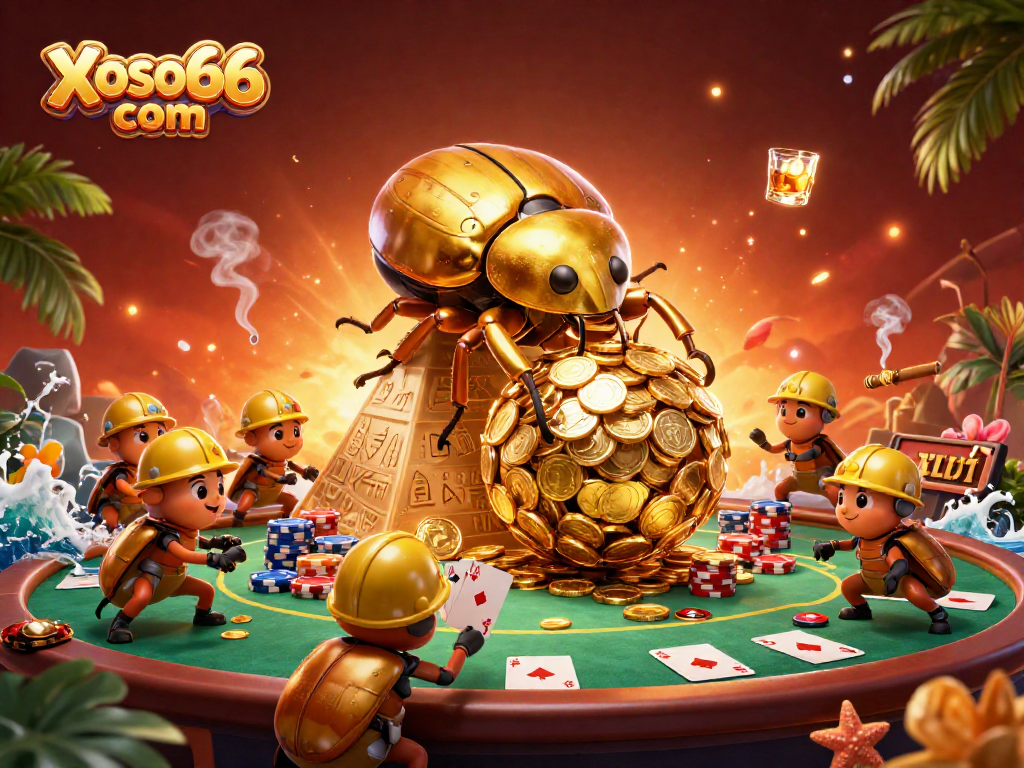 Engage in thrilling games at Xoso66 com while enjoying a vibrant illustration of golden beetles rolling coins.