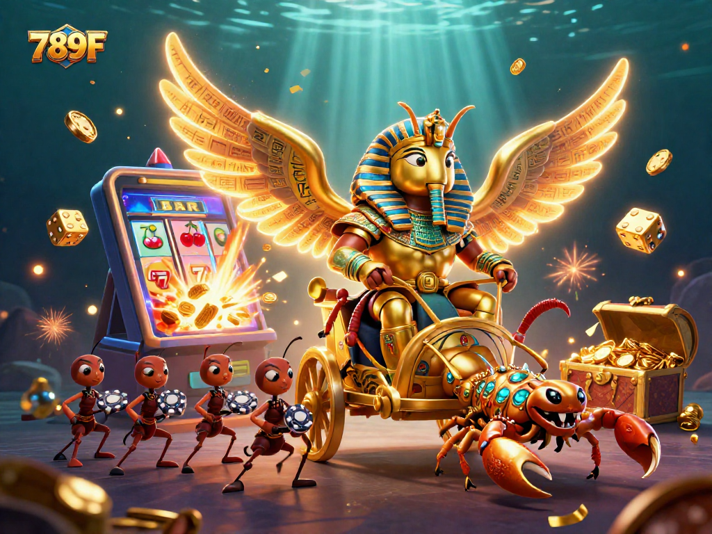 Experience thrilling games with 789F's vibrant 3D casino illustration showcasing jackpots and excitement.