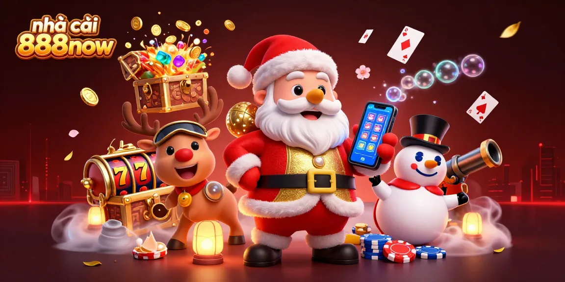 Experience the excitement of nhà cái 888now with Santa Claus, reindeer, and a snowman in a dynamic casino scene.
