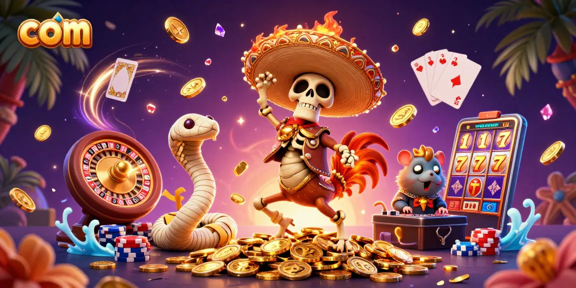 Win at com with a vibrant 3D casino scene featuring characters celebrating around golden coins.