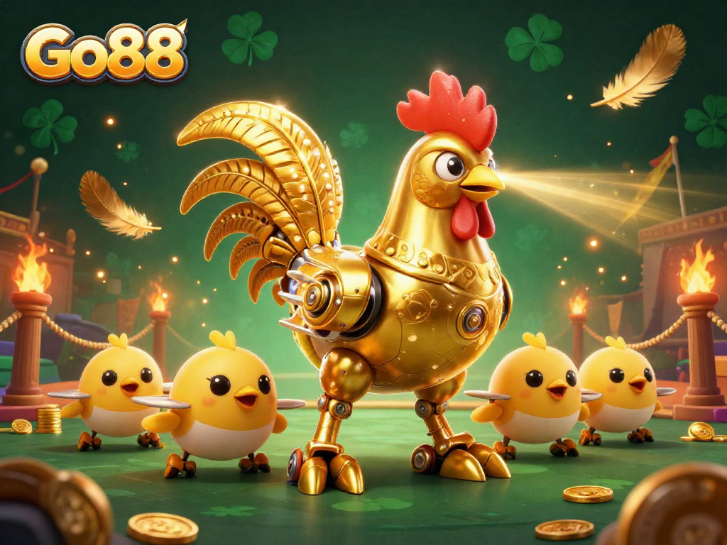 Watch the golden rooster robot lead a thrilling Go88 gaming experience with dynamic gold coins and festive elements.
