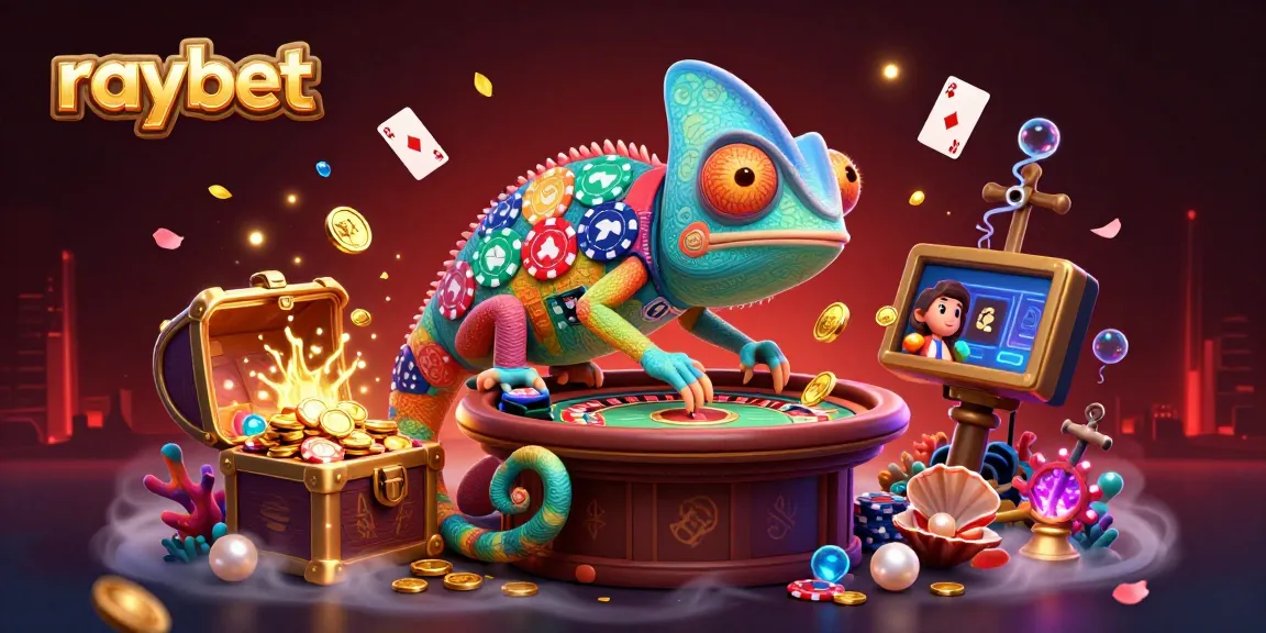 Experience raybet with an energetic chameleon casino owner capturing golden coins amidst vibrant gaming elements.