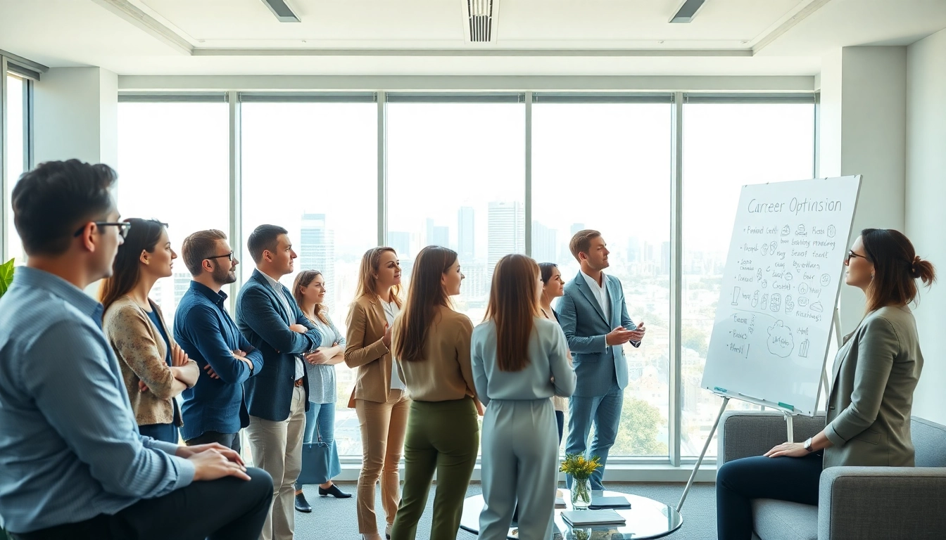A group brainstorming their ideal career options in a bright office setting.