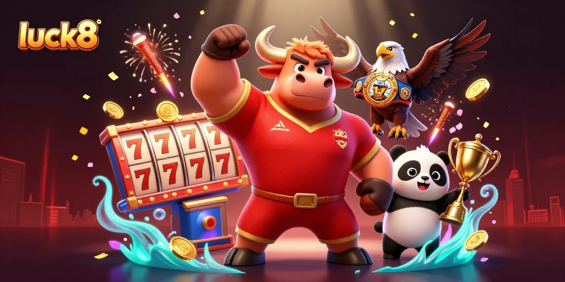 Experience the excitement of luck8 with a muscular bull mascot, eagle champion, and trophy panda amidst dynamic slot and casino elements.